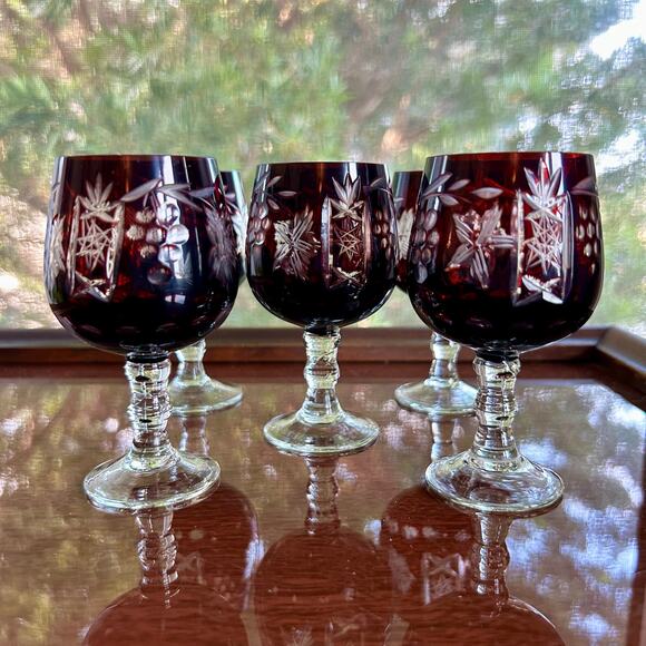 Set of 5 Vintage Cranberry Cut-to-Clear Bohemian-Style Cordial Glasses - Picture 9 of 13